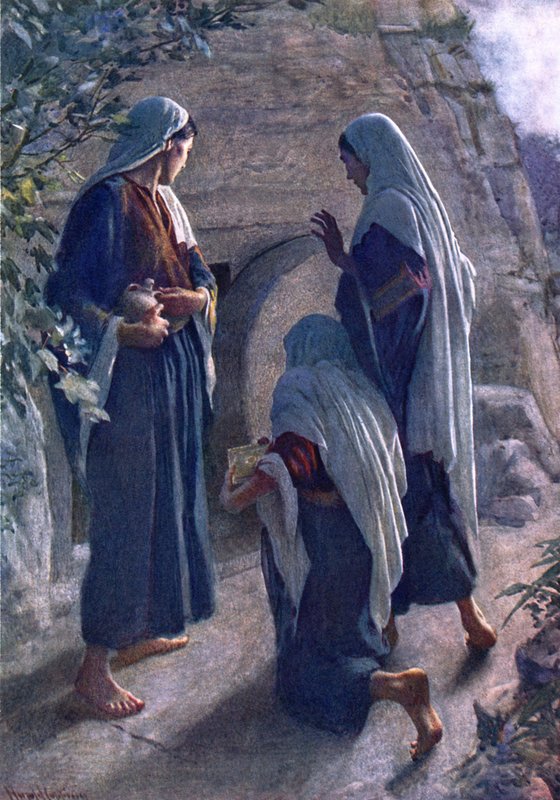 De vrouw bij het Graf (kleur litho). door Harold Copping