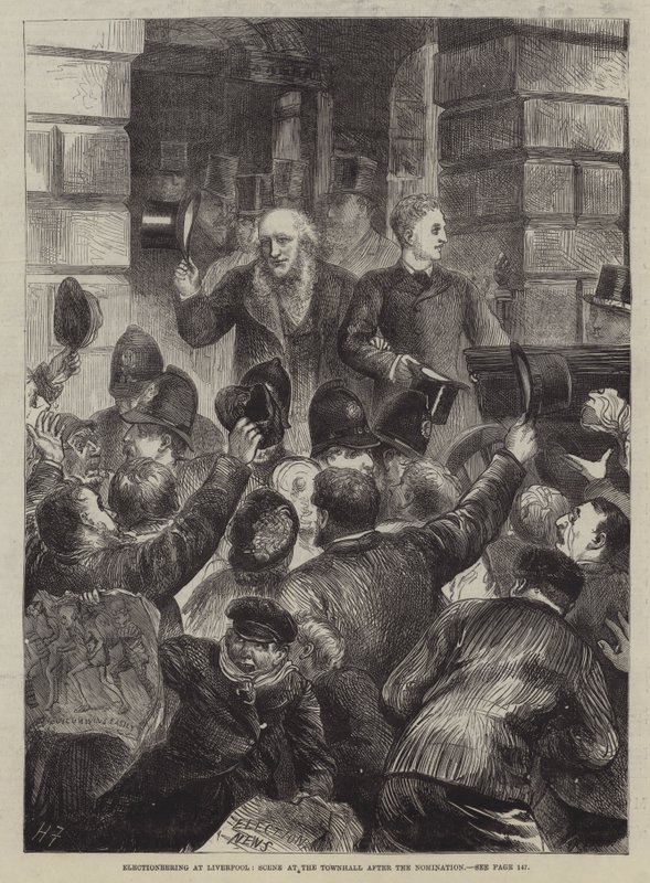 Verkiezingscampagne in Liverpool, scène in het stadhuis na de nominatie door Harry Furniss