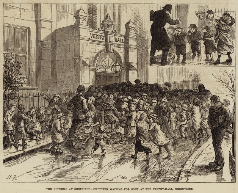 De nood in Sheffield, kinderen wachten op soep bij de Vestry-Hall, Brightside door Harry Furniss
