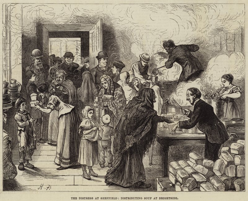 De nood in Sheffield, soep uitdelen in Brightside door Harry Furniss