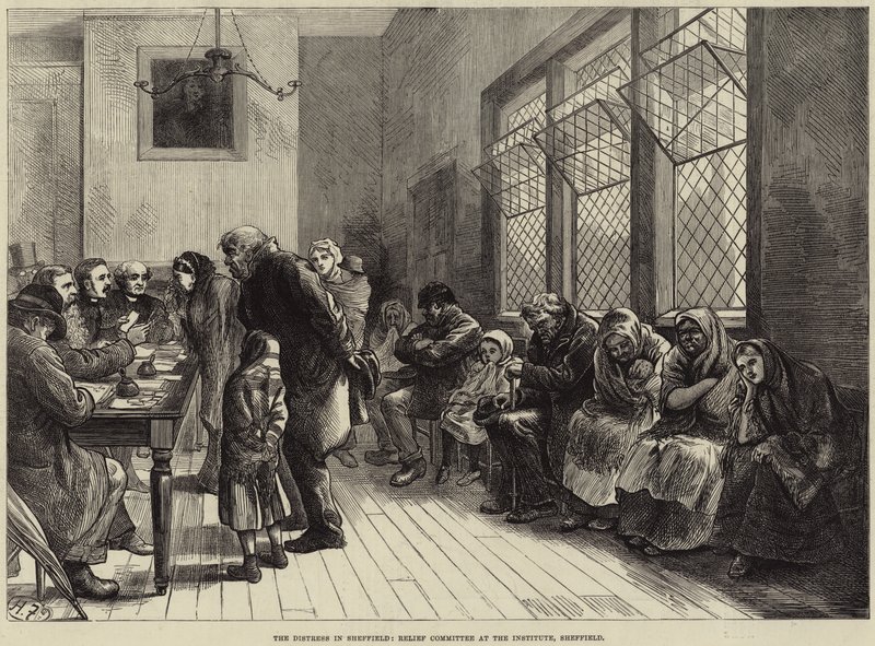 De nood in Sheffield, Hulpcomité in het Instituut, Sheffield door Harry Furniss