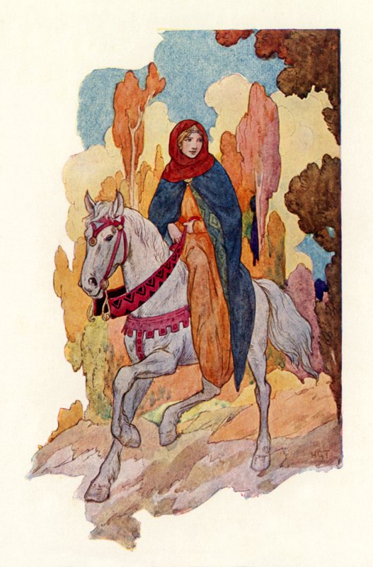 Prinses Guinevere rijdt (kleurenlitho) door Harry George Theaker