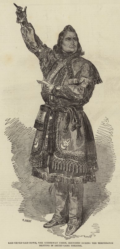 Kah-ge-ga-gah-bowh, de Ojibbeway Chief, geschetst tijdens de Temperance Meeting in Drury-Lane Theatre door Henry Anelay