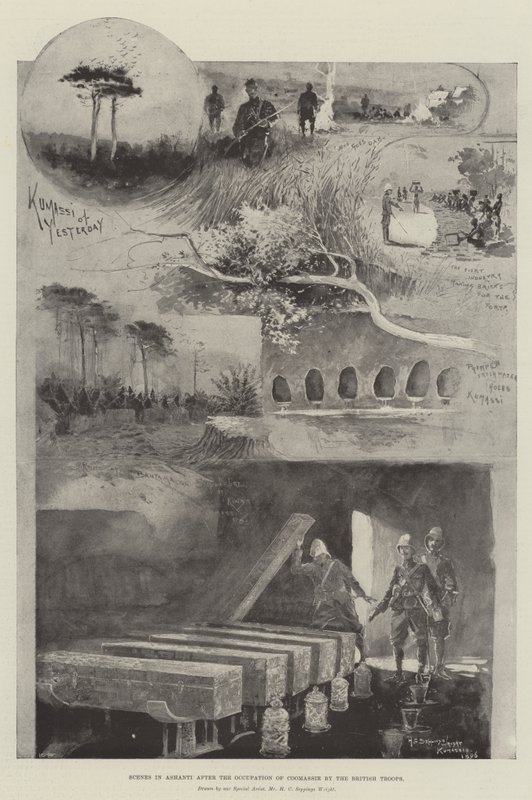 Scènes in Ashanti na de bezetting van Coomassie door de Britse troepen door Henry Charles Seppings Wright