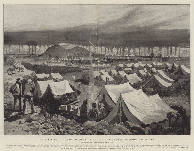 De opstand aan de Indiase grens, de verbranding van een inheems dorp buiten het Britse kamp bij Bagh door Henry Charles Seppings Wright