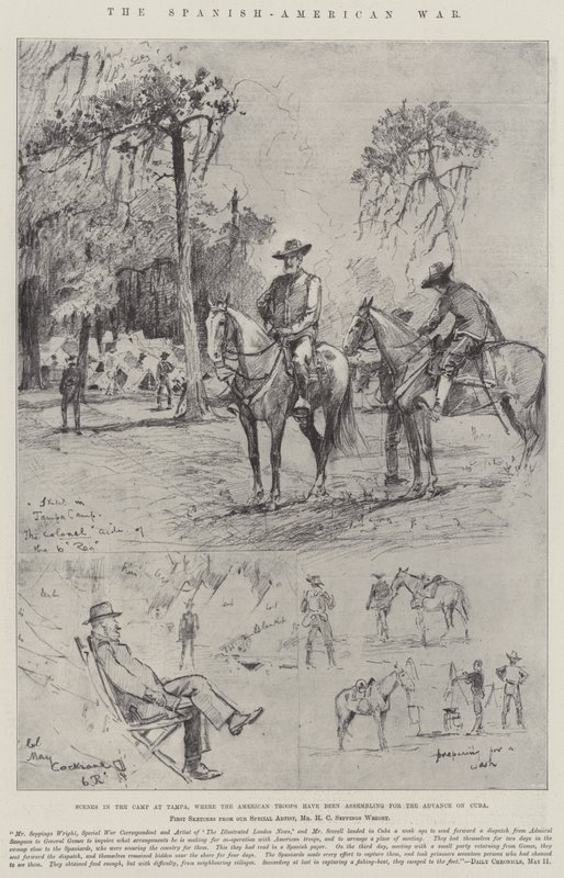 De Spaans-Amerikaanse Oorlog, Scènes in het Kamp in Tampa, waar de Amerikaanse troepen zich verzamelen voor de aanval op Cuba door Henry Charles Seppings Wright