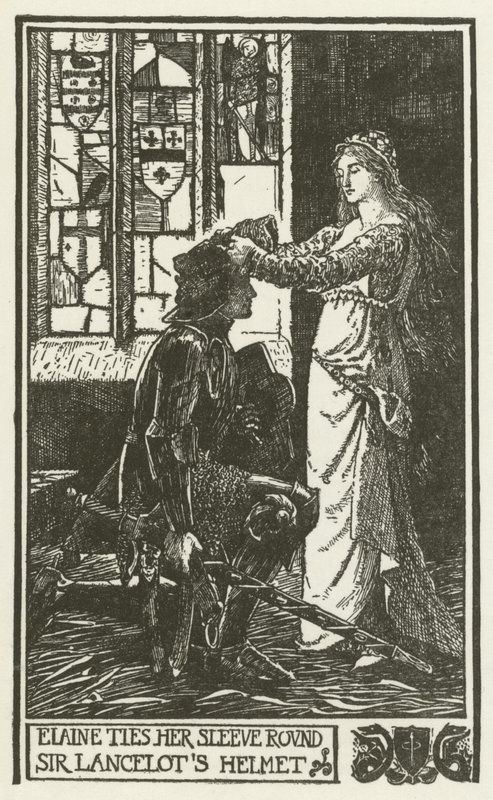 Elaine bindt haar mouw om Sir Lancelot