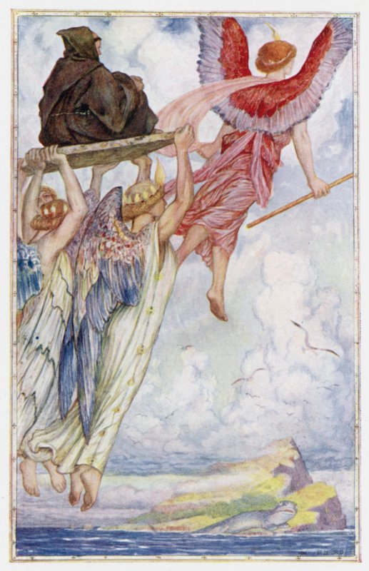 Raphael en de engelen dragen St. Senan naar het eiland door Henry Justice Ford