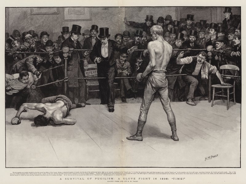 Een overblijfsel van Pugilisme, een handschoengevecht in 1896, Tijd! door Henry Marriott Paget