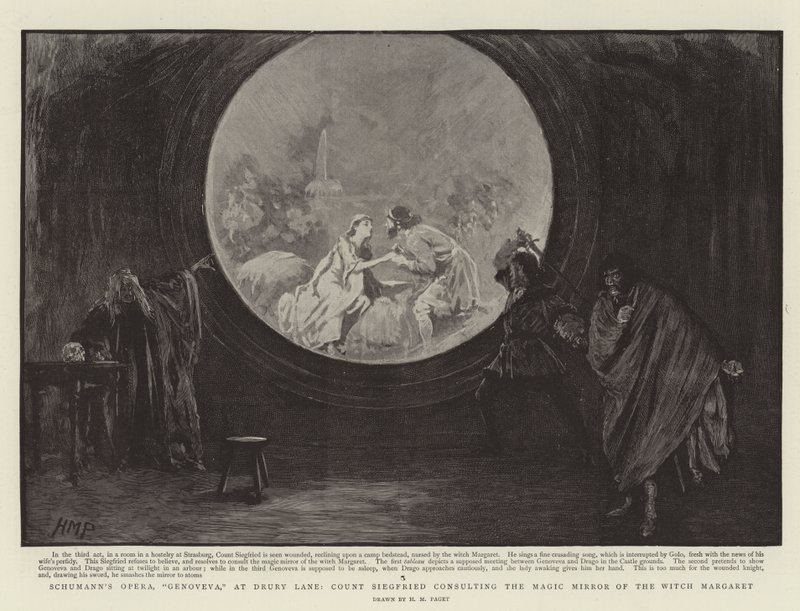 Schumanns Opera, Genoveva, in Drury Lane, Graaf Siegfried raadpleegt de Magische Spiegel van de Heks Margaret door Henry Marriott Paget
