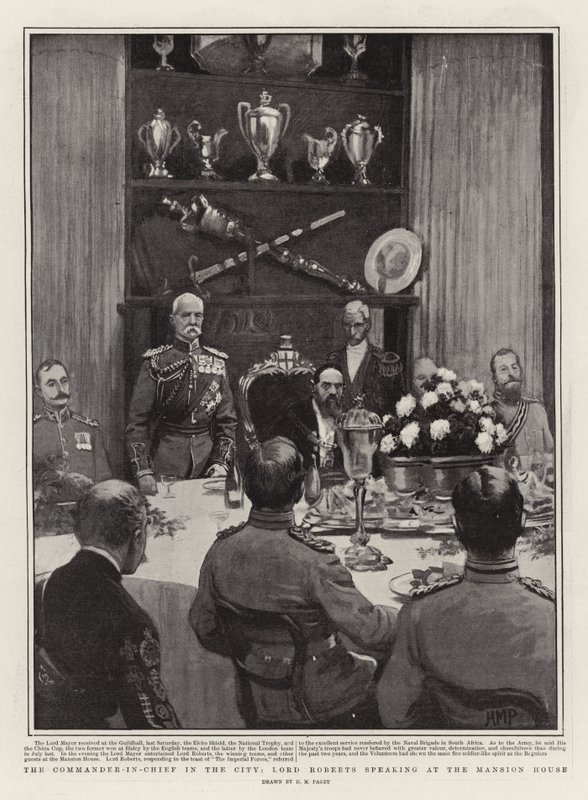 De opperbevelhebber in de stad, Lord Roberts spreekt in het Mansion House door Henry Marriott Paget