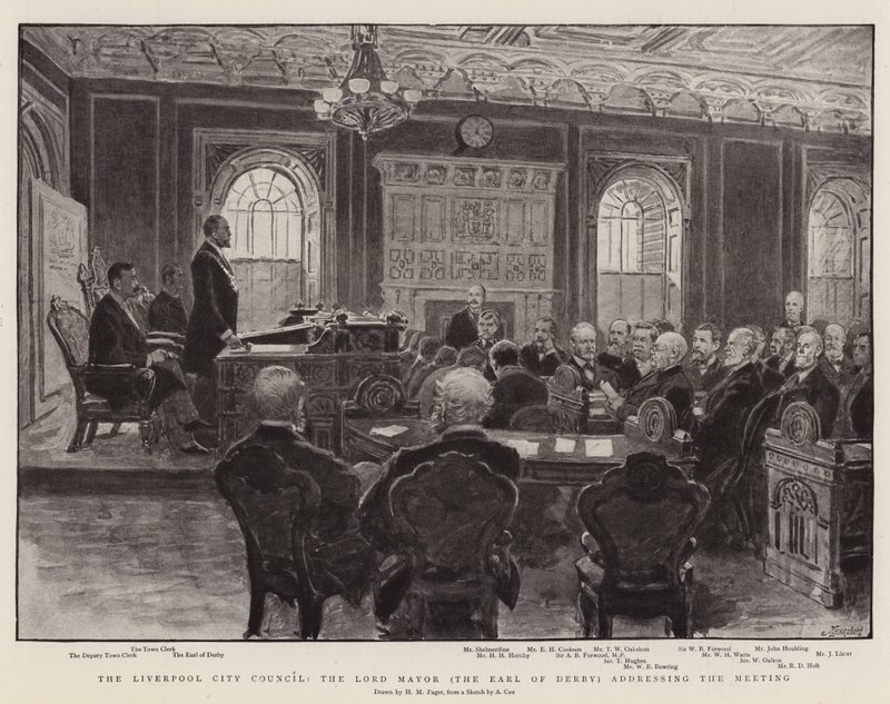 De gemeenteraad van Liverpool, de burgemeester (de graaf van Derby) spreekt de vergadering toe door Henry Marriott Paget