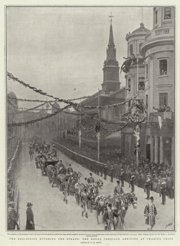 De processie die de Strand binnenkomt, het koninklijke rijtuig arriveert bij Charing Cross door Henry Marriott Paget