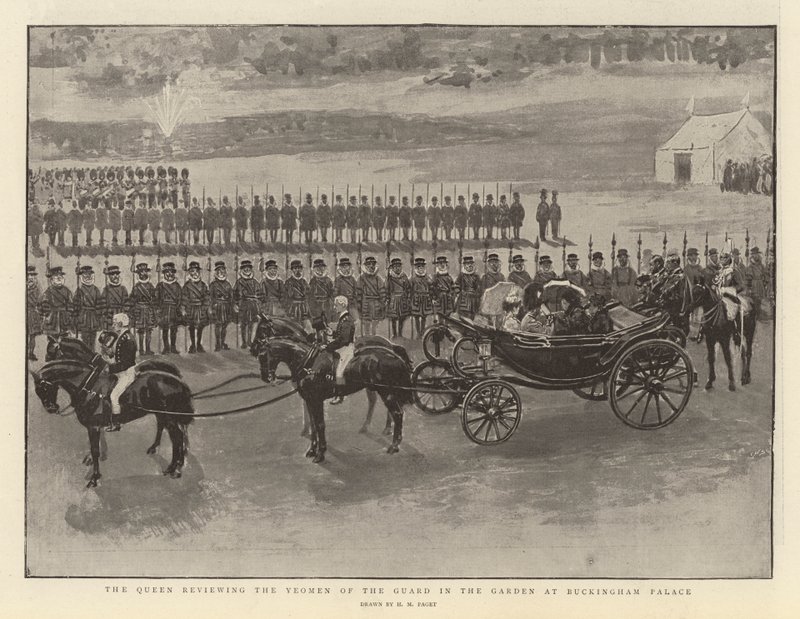 De koningin die de Yeomen of the Guard inspecteert in de tuin van Buckingham Palace door Henry Marriott Paget