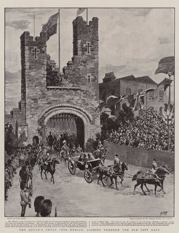 De intocht van de koningin in Dublin, langs de oude stadspoort door Henry Marriott Paget
