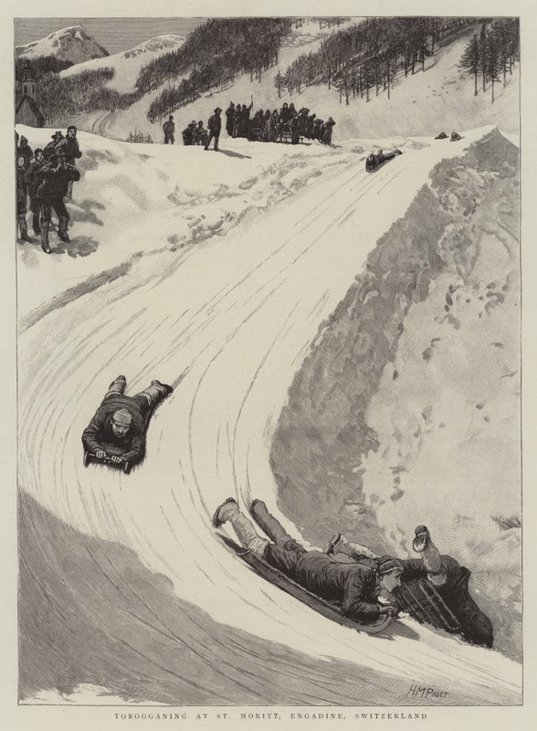 Sleeën in St. Moritz, Engadin, Zwitserland door Henry Marriott Paget