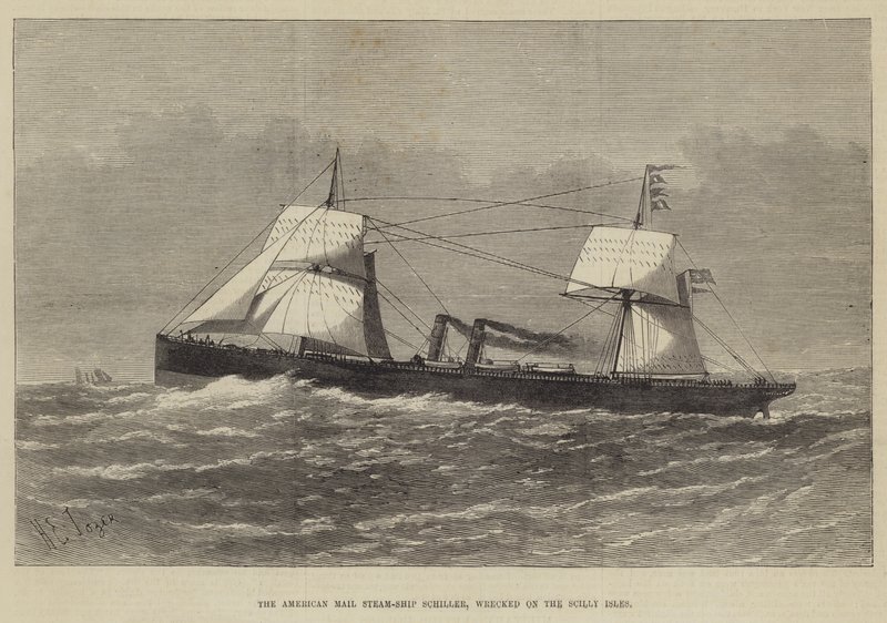 De Amerikaanse Poststoomboot Schiller, vergaan op de Scilly-eilanden door Henry Spernon Tozer