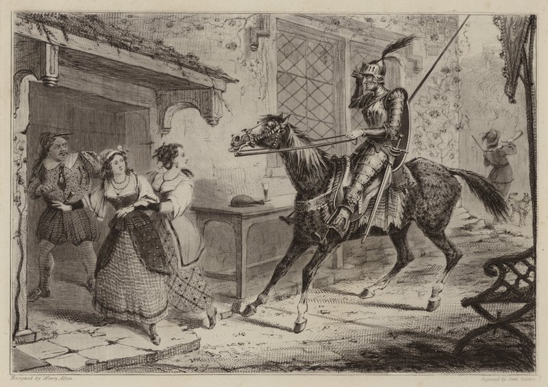 Ridder (Don Quichot) arriveert bij herberg door Henry Thomas Alken