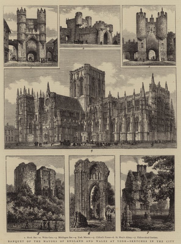 Banket van de burgemeesters van Engeland en Wales in York, schetsen in de stad door Henry William Brewer