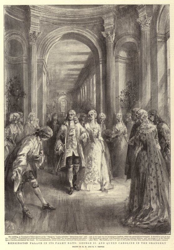 Kensington Palace in zijn Gloriedagen, George II en Koningin Caroline in de Oranjerie door Henry William Brewer