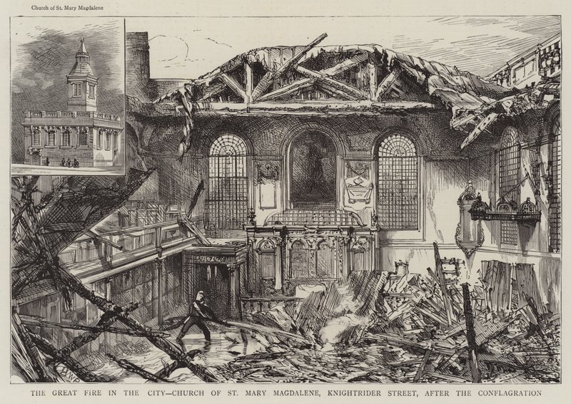 De grote brand in de stad, kerk van St. Mary Magdalene, Knightrider Street, na de brand door Henry William Brewer
