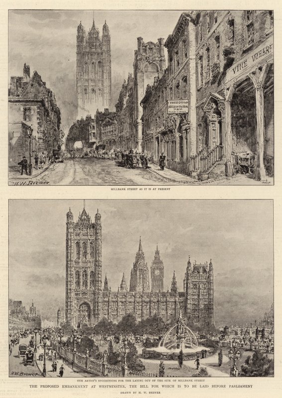 Het voorgestelde Embankment bij Westminster, het wetsvoorstel dat aan het parlement zal worden voorgelegd door Henry William Brewer