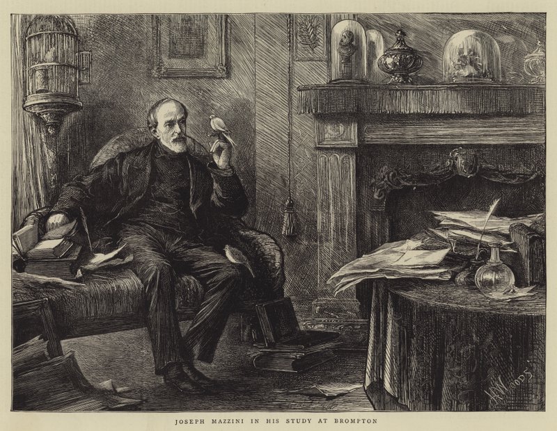 Giuseppe Mazzini in zijn studeerkamer in Brompton door Henry Woods
