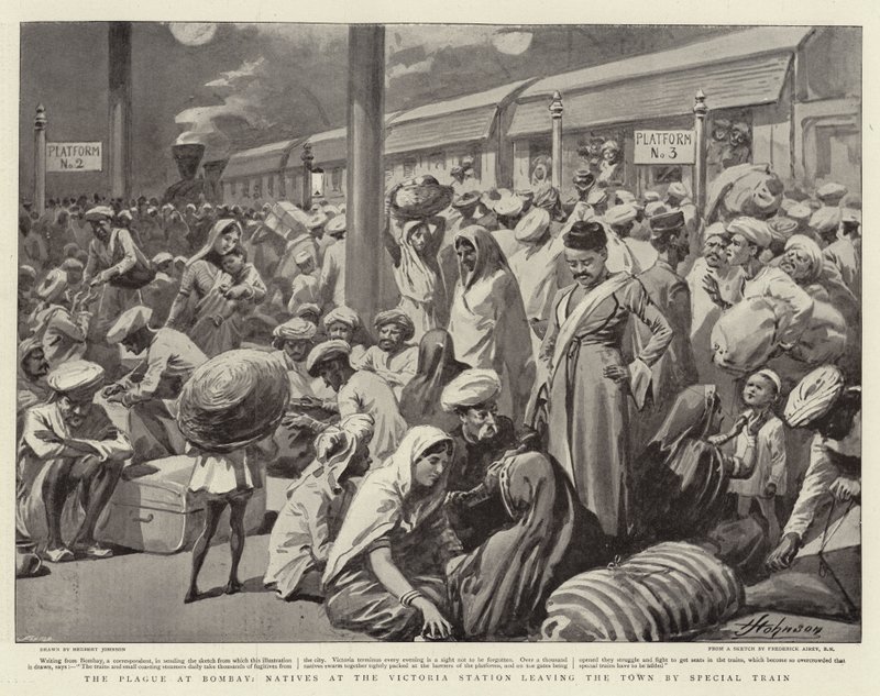 De pest in Bombay, inboorlingen op het Victoria Station verlaten de stad met een speciale trein door Herbert Johnson