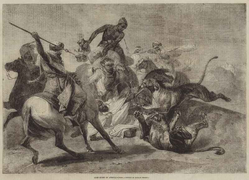 Leeuwenjacht in Afrika door Emile Jean Horace Vernet