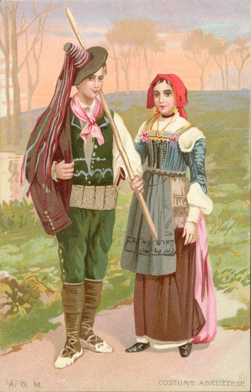 Abruzzese klederdracht (chromolitho) door Italian School