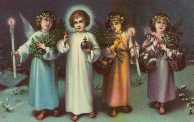 Heilige en engelen (kleurenlitho) door Italian School