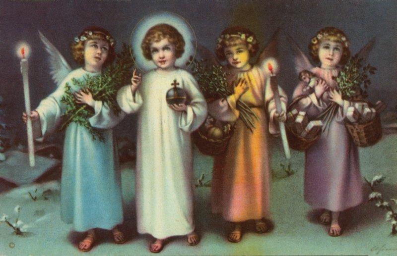 Sint en engelen (kleurenlitho) door Italian School