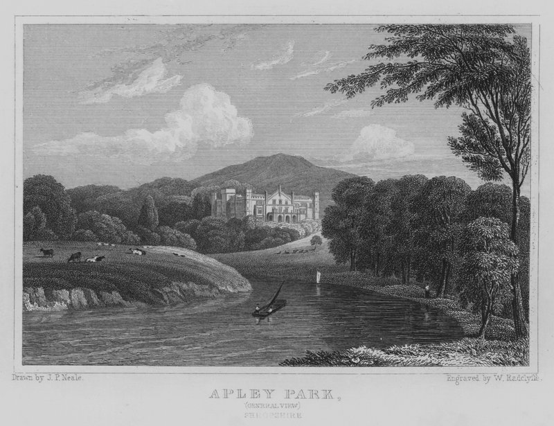 Apley Park, Algemeen Zicht, Shropshire (gravure) door John Preston Neale