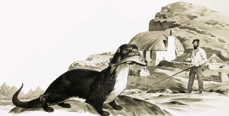 Otter met vis en vissende man door James Edwin McConnell