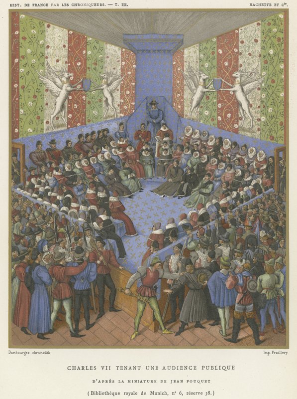 Karel VII houdt een openbare audiëntie (chromolitho) door Jean Fouquet