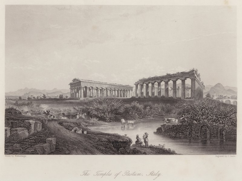 De Tempels van Paestum, Italië (gravure) door Johan Wolfensberger