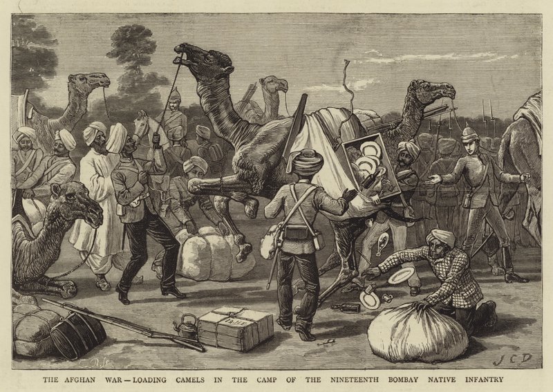 De Afghaanse Oorlog, kamelen laden in het kamp van de Negentiende Bombay Native Infantry door John Charles Dollman