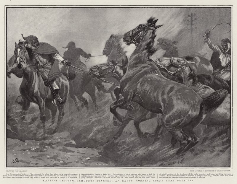 Kaffers die remounts starten, een vroege ochtendscène nabij Pretoria door John Charlton