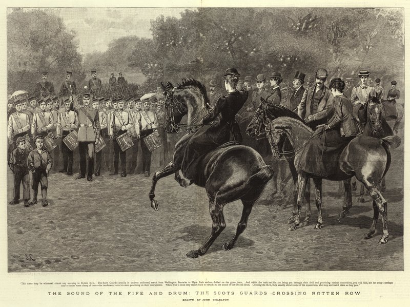 Het Geluid van de Fluit en Trom, de Scots Guards die rotten row oversteken door John Charlton