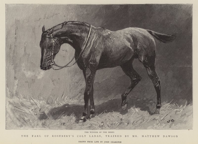 De winnaar van de Derby, Het Veulen Ladas van de Graaf van Rosebery, getraind door de heer Matthew Dawson door John Charlton