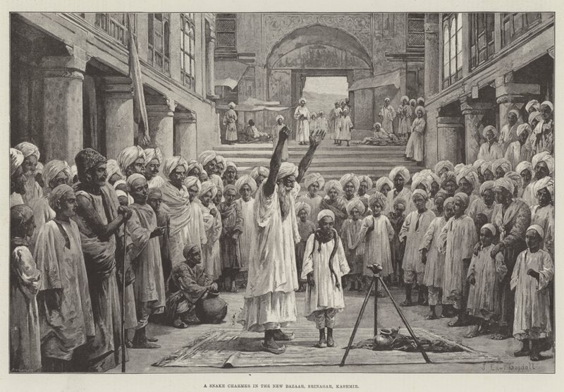 Een slangenbezweerder in de nieuwe bazaar, Srinagar, Kasjmir door John Edward Goodall