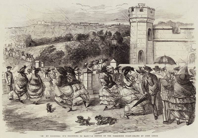 Oh mijn goedheid! Het begint te regenen!, een schets aan de kust van Yorkshire door John Leech