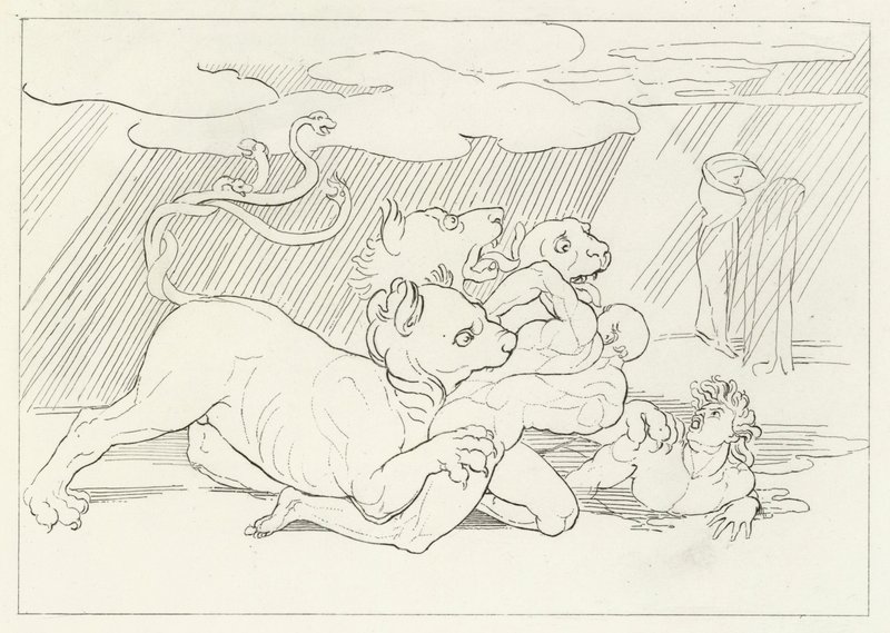 Cerberus, Inferno, Canto 6 (gravure) door John (after) Flaxman