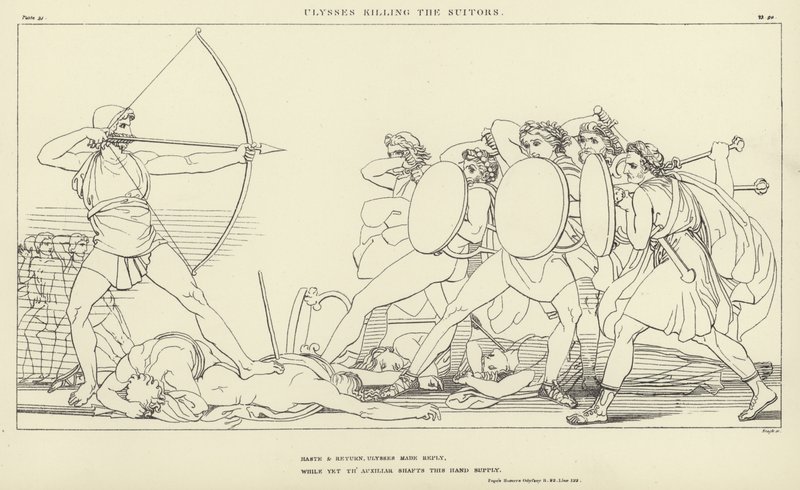 Ulysses doodt de vrijers door John Flaxman