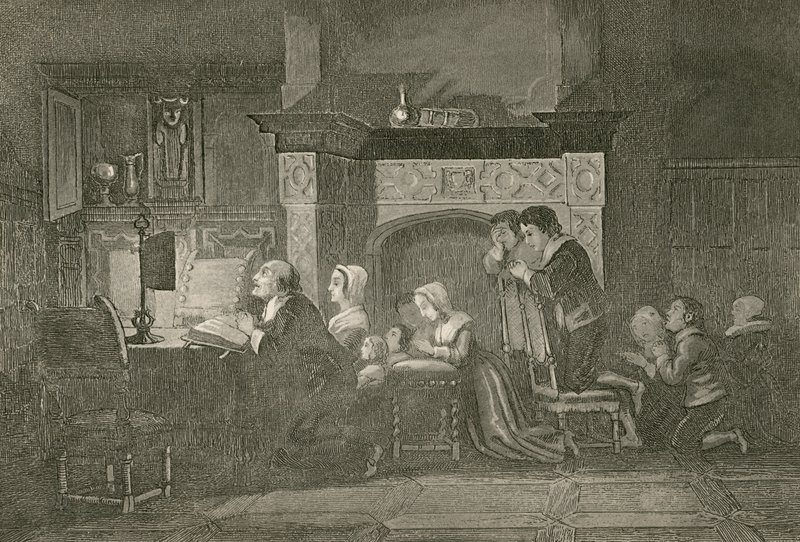 De kruidenier en zijn familie bij het gebed door John Franklin