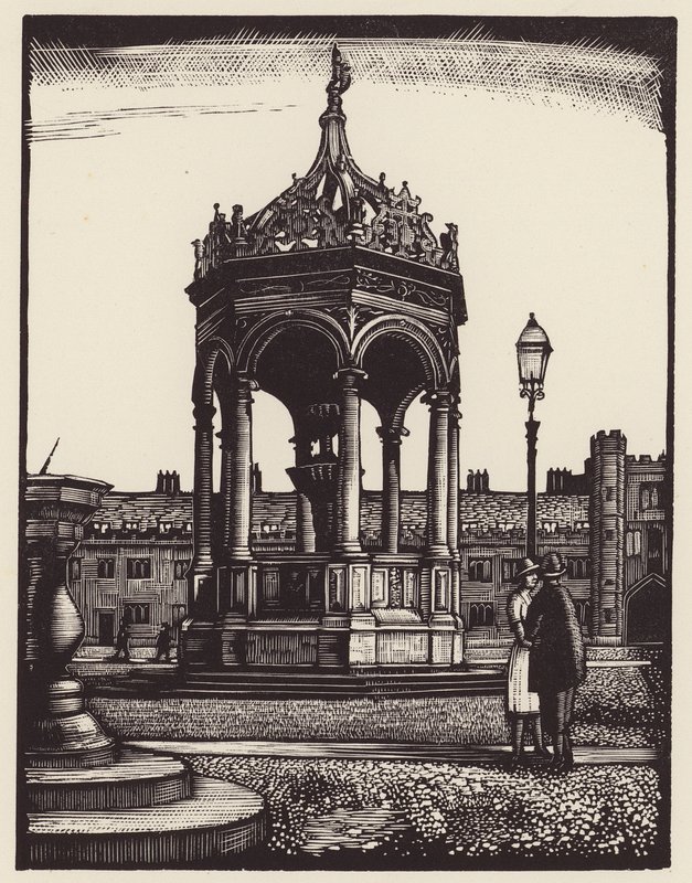 Cambridge: Trinity Fountain (houtsnede) door John Frederick Greenwood