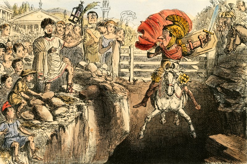 De dappere Curtius springt in de afgrond door John Leech