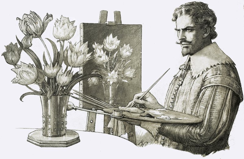 Onbekende kunstenaar schildert bloemen door John Millar Watt