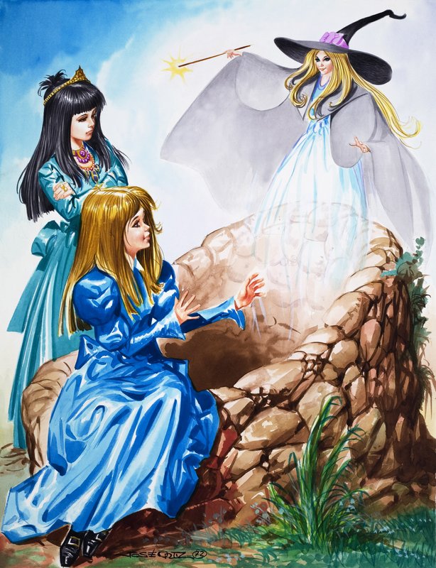 Meisjes met een fee (gouache op papier) door Jose Ortiz