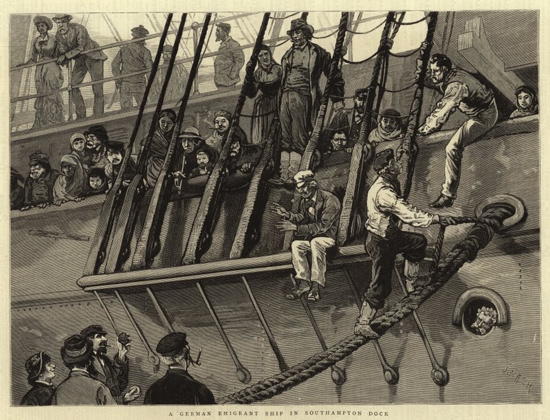 Een Duits emigrantenschip in de haven van Southampton door Joseph Nash